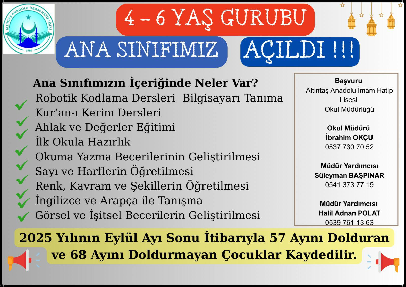 ALTINTAŞ İMAM HATİP LİSESİ BÜNYESİNDE 4-6 YAŞ GRUBU ANA SINIFI AÇILDI